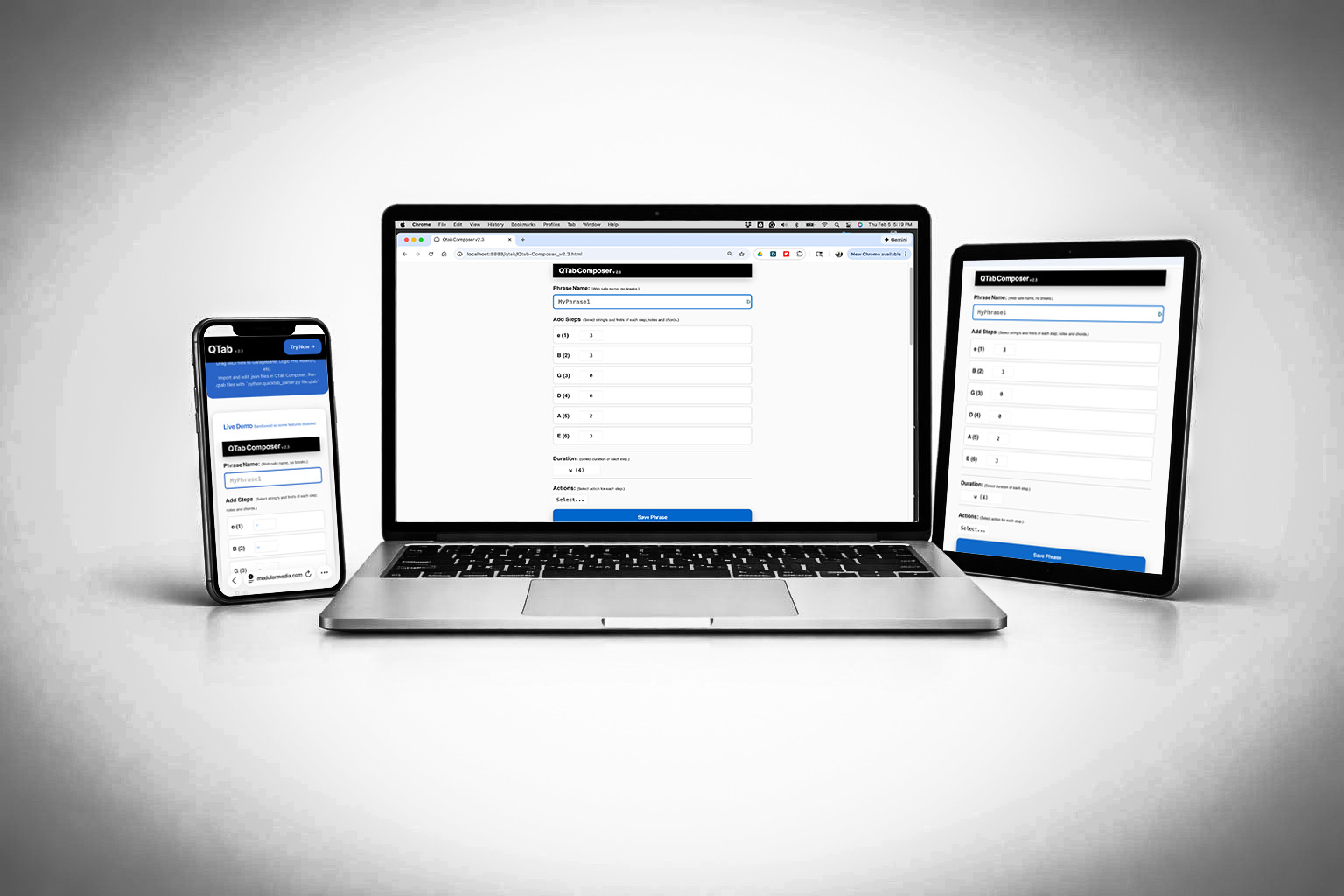 QTab Composer runs on Phone, Tablet, Desktop. Offline